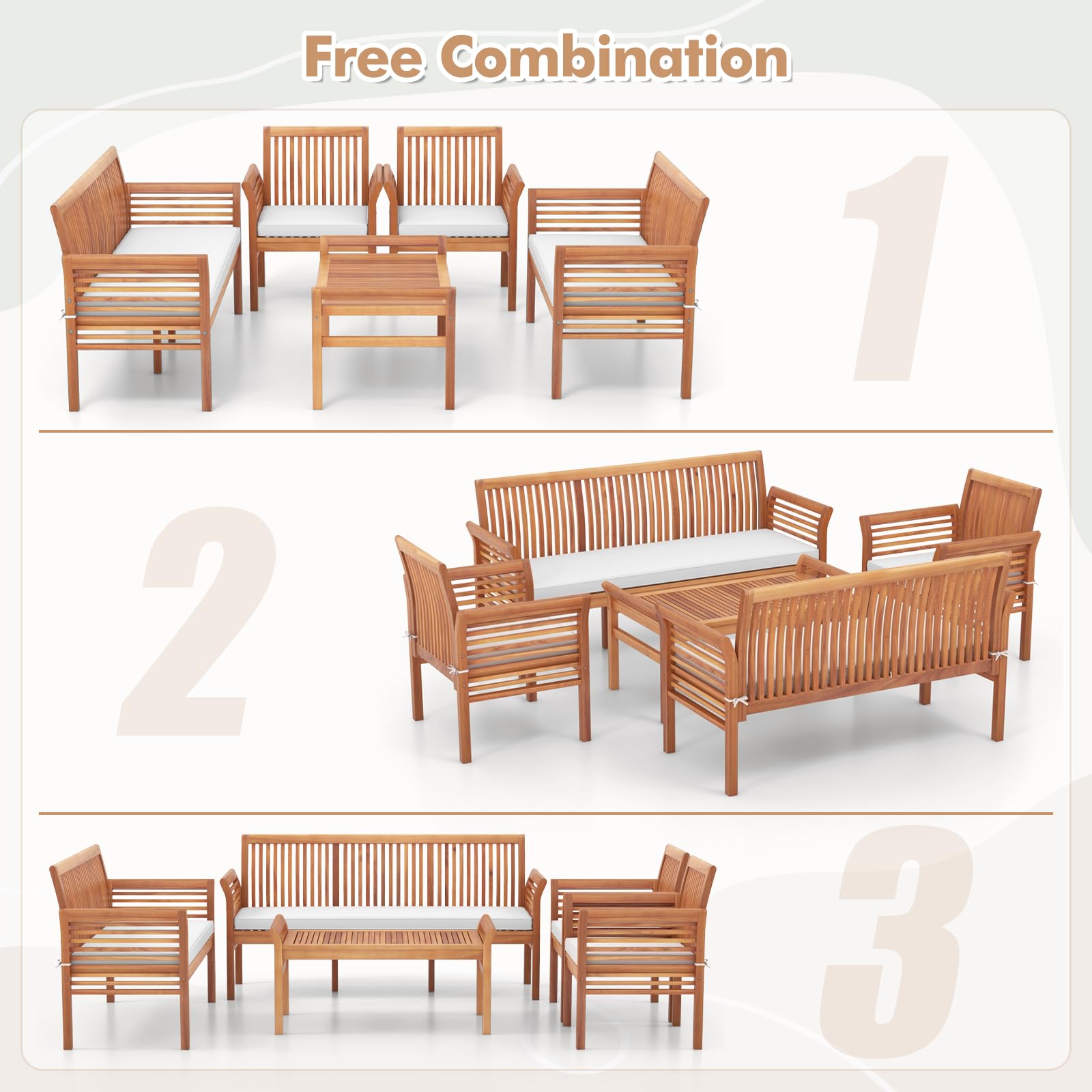 Tangkula 5 Piece Patio Furniture Set, Acacia Wood Conversation Set with 3-Seat Bench, Loveseat, 2 Armchairs & Coffee Table, Cushioned Outdoor Chair Set for Porch, Balcony (Off White)