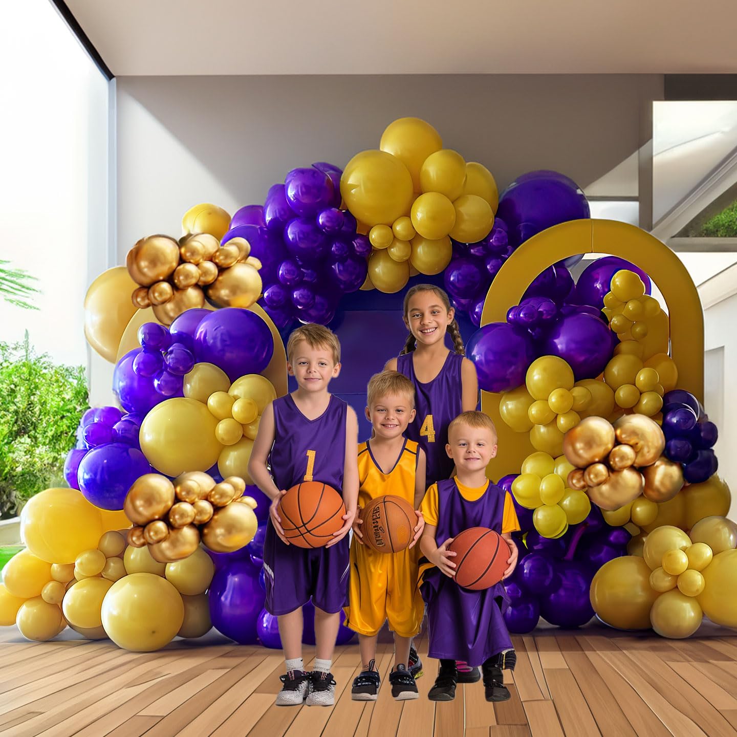 Royal Purple and Gold Balloon Garland Arch Kit 132Pcs with lemon Yellow balloons for Halloween Birthday Graduation Prom Basketball Sport Theme Party Decorations