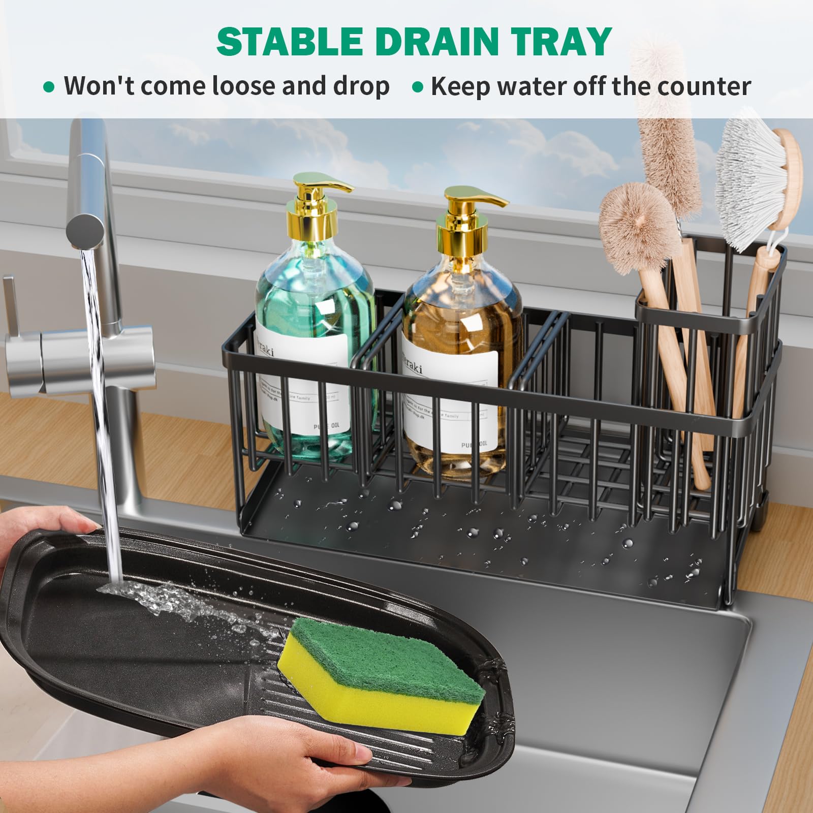 TomCare Sponge Holder for Kitchen Sink Extra Large Sink Caddy with Drain Tray Brush Holder Rustproof Kitchen Sink Organizer with 2 Adjustable Dividers Durable Kitchen Storage Accessories for Counter