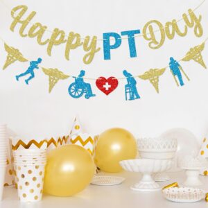 Qttier Happy PT Day Banner, Physical Therapist Day Banner, Physical Therapist Appreciation Party Decor, Happy PT Day Sign, Gold ＆ Blue Glitter