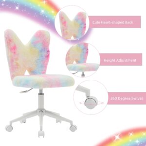 HONIFUR Kids Desk Chair, Adjustable Comfy Swivel Computer Chair with Wheels for Kids & Fuzzy Butterfly Shaped Back, Cute Girls Students Vanity Chair for Bedroom/Study