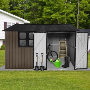 acqca 10ftx8ft outdoor metal storage garden sheds with window and punched vents,galvanized garden gazebos shed,w/hinged door & padlock,for storing bicycles,lawnmowers,easy to assemble,brown