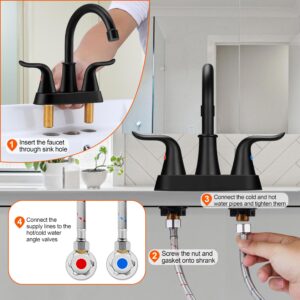 Bathroom Faucet for 3 Hole, Homikit 4 Inch 2-Handle Bathroom Sink Faucet, Matte Black Bathroom Faucets for Sink Vanity RV Lavatory, Stainless Steel Faucet for Bathroom Sink with Drain & Hoses & Hooks