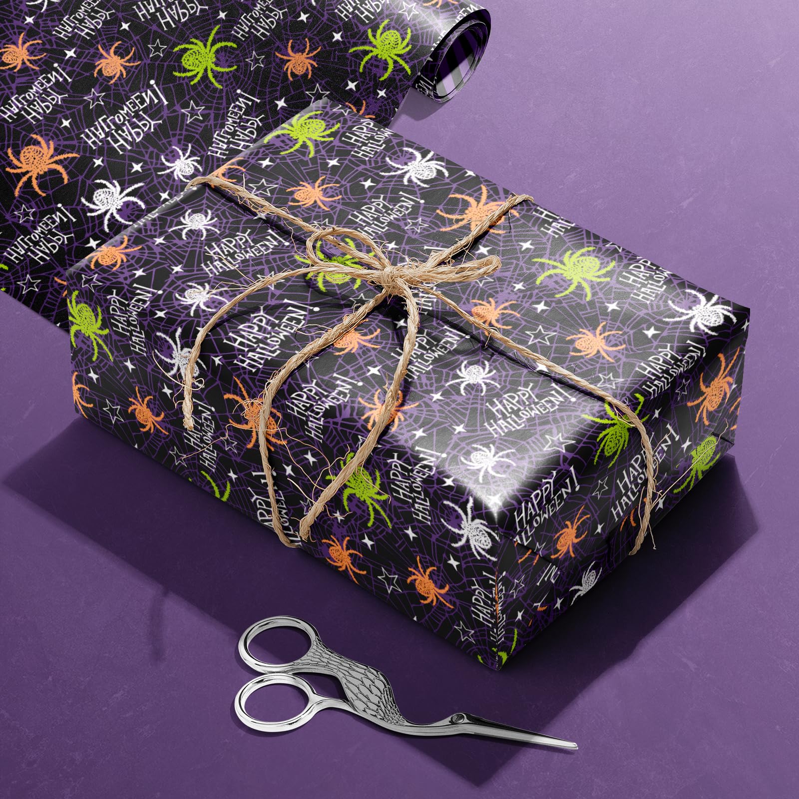 LDGOOAEL Halloween Mini Wrapping Paper Roll - Reversible Design (17 Inches X 32.8 Feet) - Fluorescent colored spiders & purple twill stripe