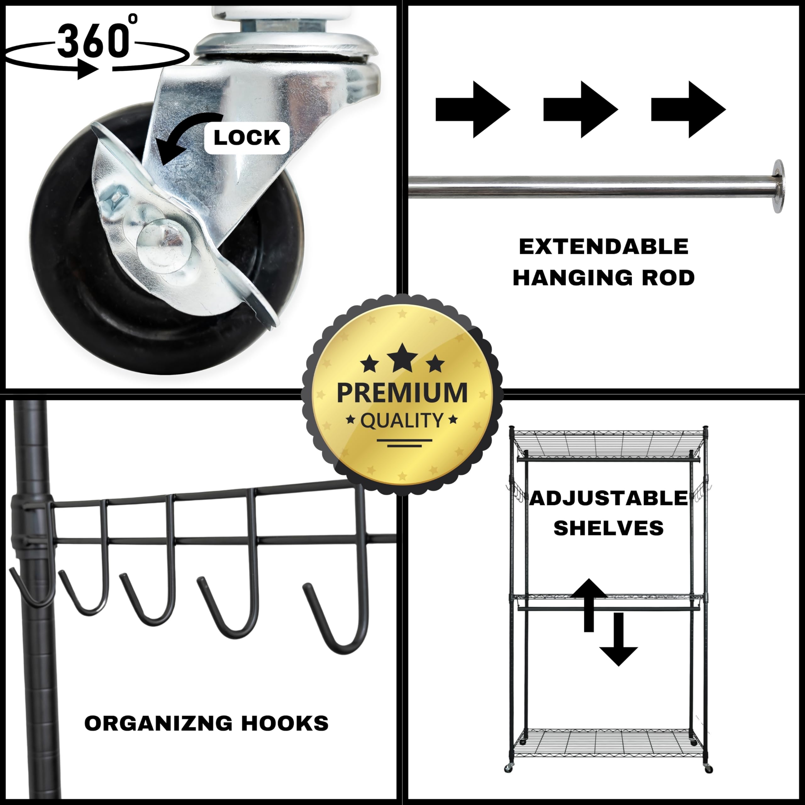 Rossmore Home Essentials Heavy Duty Rolling Garment Rack 3 Tiers Adjustable Wire Shelving Clothes Rack with Double Rods and Side Hooks, Freestanding Wardrobe Storage Rack Metal Clothing Rack, White(L)