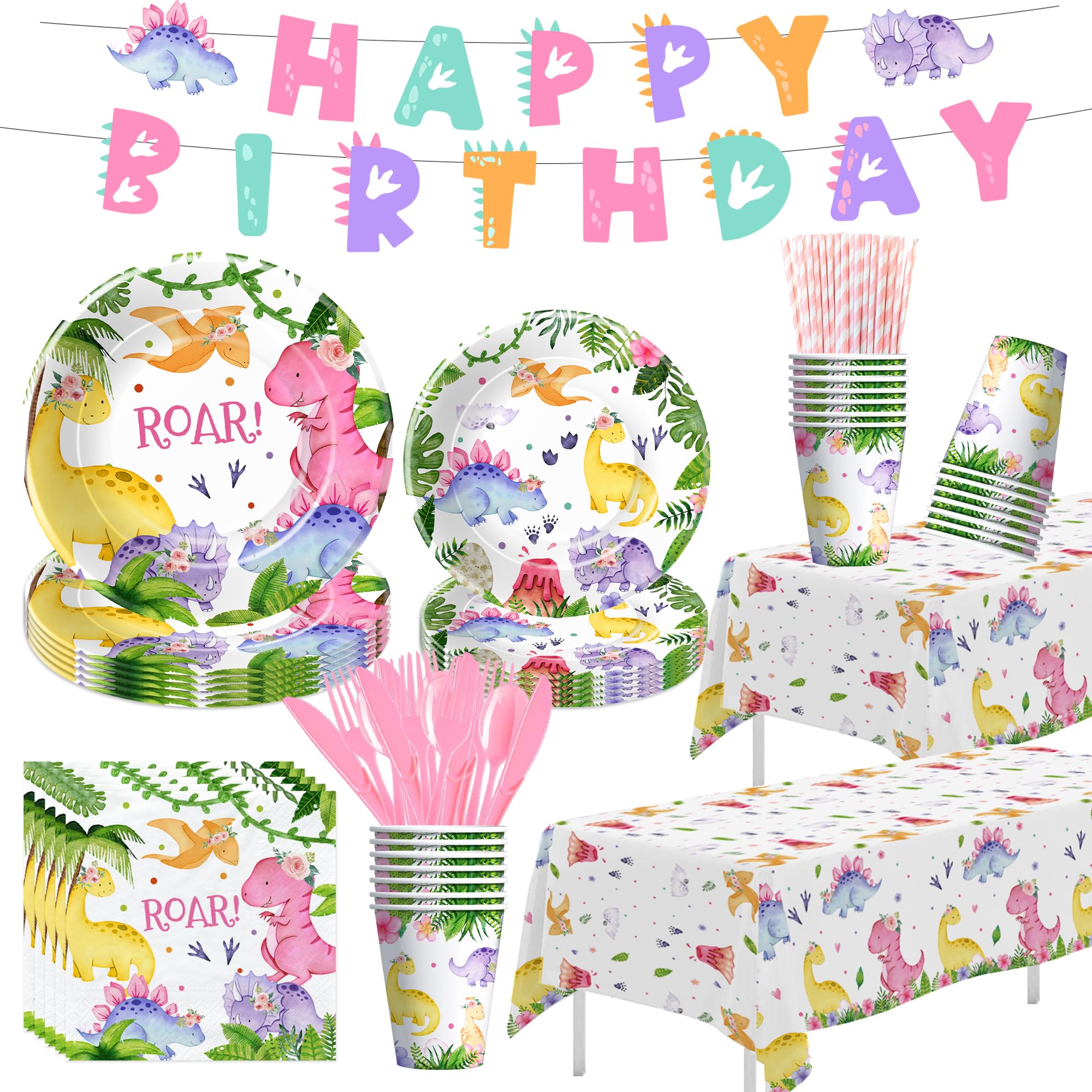 Srua Don Dinosaur Birthday Party Supplies Girl - Dinosaur Party Decorations Tableware, Paper Plate, Cup, Napkins, Tablecloth, Cutlery, Banner, Pink Dinosaur Birthday Baby Shower Decorations | Serve 24