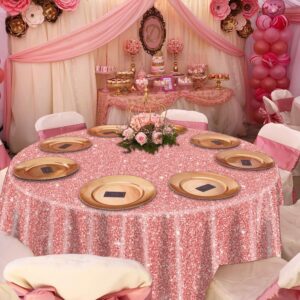 3 Pack Pink Rose Gold Tablecloths for Round Table, 84x84'' Rose Gold Sequin Printed Plastic Round Table Cover, Rose Gold Glitter Party Decorations for Girls Birthday Wedding Graduation Princess Party