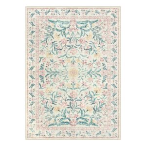 Morebes 5x7 Rug for Living Room Non Slip, Washable Light Pink Rugs for Bedroom Girls, Soft Low-Pile Boho Nursery Rug Indoor Floral Print Throw Carpet for Bedside,Pink&Green/Multi