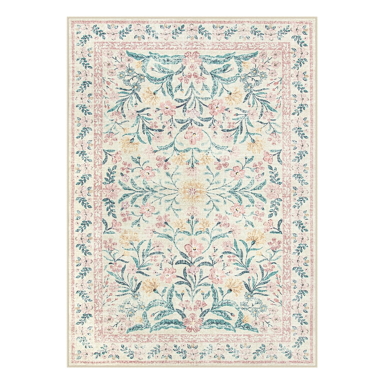 Morebes 5x7 Rug for Living Room Non Slip, Washable Light Pink Rugs for Bedroom Girls, Soft Low-Pile Boho Nursery Rug Indoor Floral Print Throw Carpet for Bedside,Pink&Green/Multi