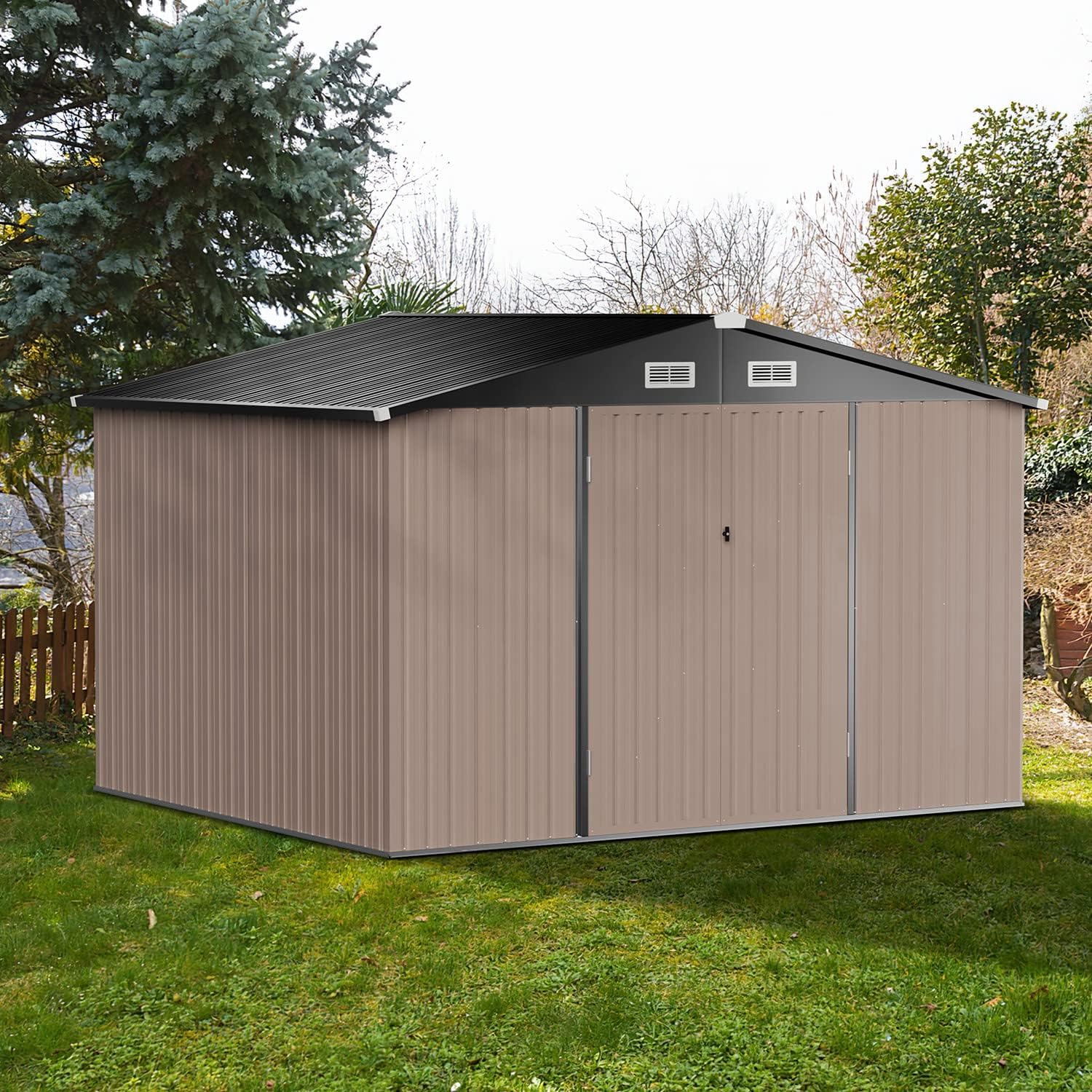 Breezestival Outdoor Storage Shed 7.6x9.7 FT, Utility Steel Tool Shed with Lockable Air Vents and Door, Galvanized Metal Shed for Backyard, Garden, Patio and Lawn (Brown)