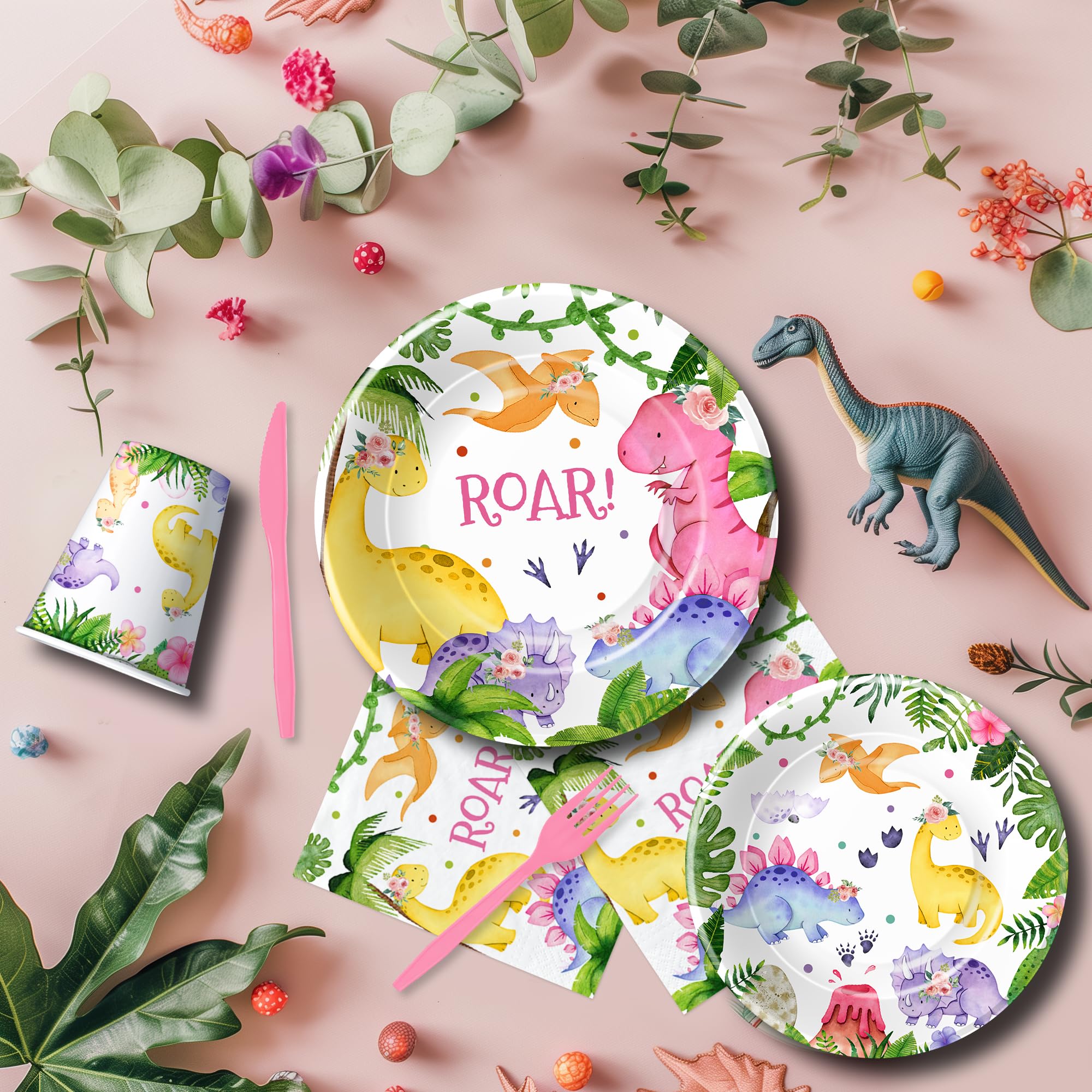 Srua Don Dinosaur Birthday Party Supplies Girl - Dinosaur Party Decorations Tableware, Paper Plate, Cup, Napkins, Tablecloth, Cutlery, Banner, Pink Dinosaur Birthday Baby Shower Decorations | Serve 24