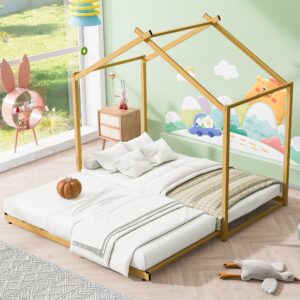 merax metal twin size house platform bed with trundle, floor bed frame with roof & slat, twin to king design playhouse beds for kids, gold