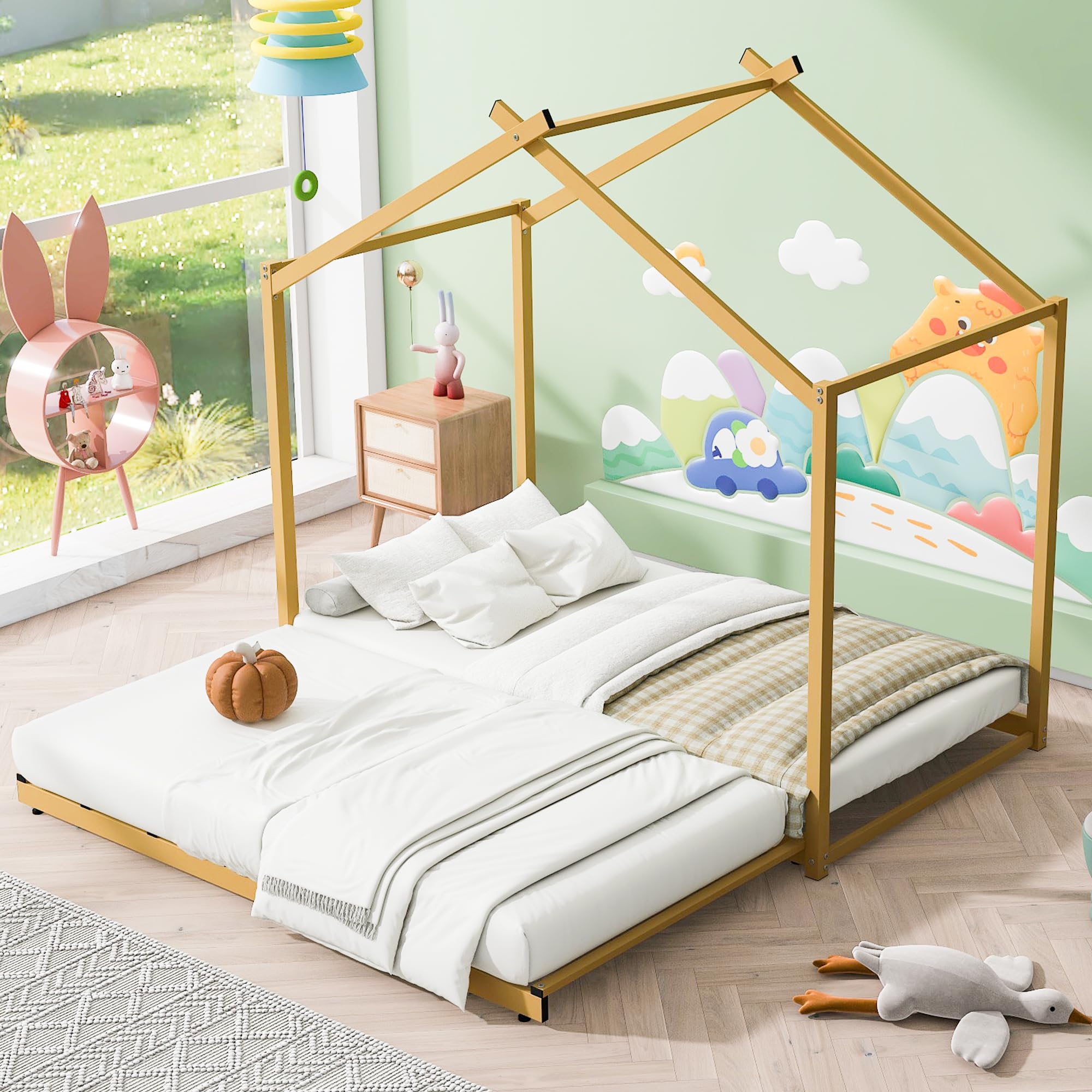 Merax Metal Twin Size House Platform Bed with Trundle, Floor Bed Frame with Roof & Slat, Twin to King Design Playhouse Beds for Kids, Gold