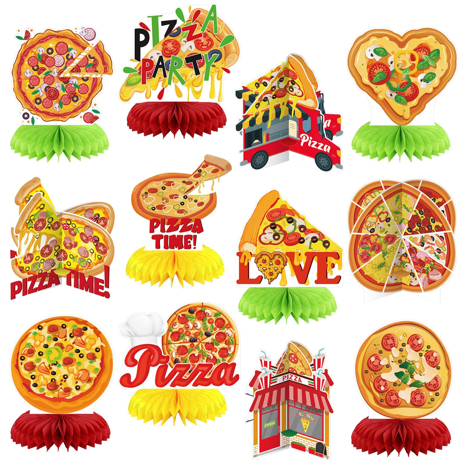 Weekgrat 12 Pcs Pizza Party Honeycomb Centerpieces Decorations Pizza Birthday Party Favors Table Sign for Birthday Baby Shower Food Party Supplies