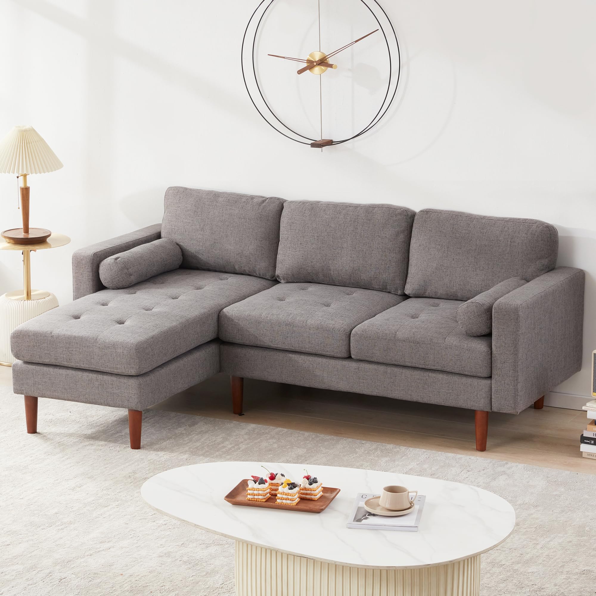 Kingfun 80" W L Shaped Sofa Couch with Reversible Chaise, 3 Seat Couch with Wide Chaise Lounge & Two Pillows, Mid-Century Modern Couch for Living Room, Convertible Sofa with Tufted Seat Cushion, Gray