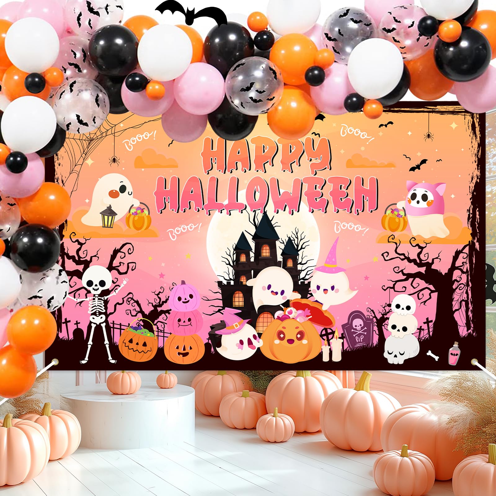 Lecheme Happy Halloween Backdrop Orange Pink Halloween Backdrop for Kids Cute Ghost Pumpkin Spooky Castle Halloween Banner Halloween Photo Booth Background