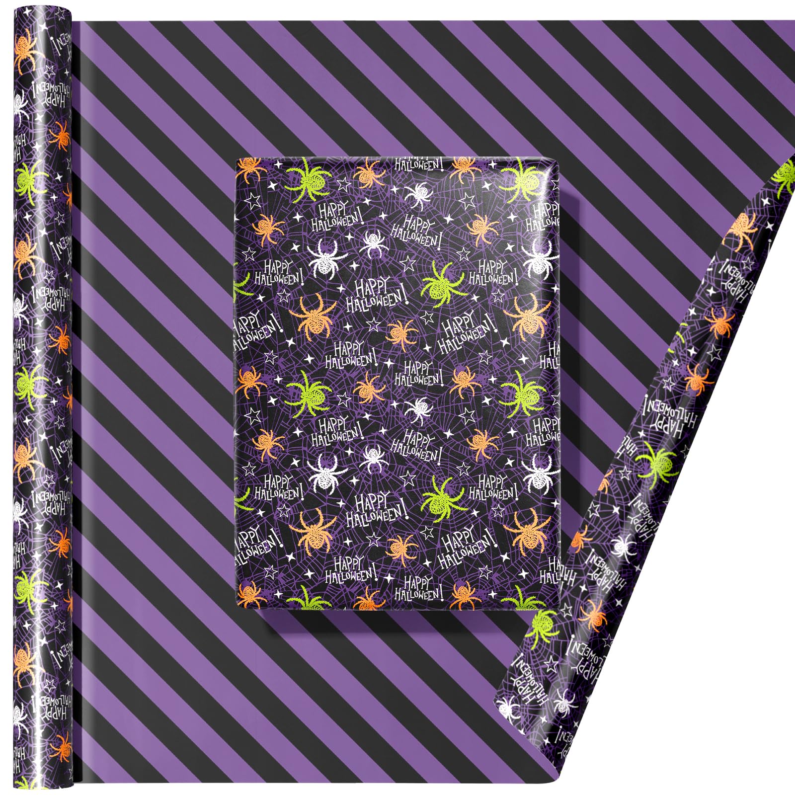 LDGOOAEL Halloween Mini Wrapping Paper Roll - Reversible Design (17 Inches X 32.8 Feet) - Fluorescent colored spiders & purple twill stripe