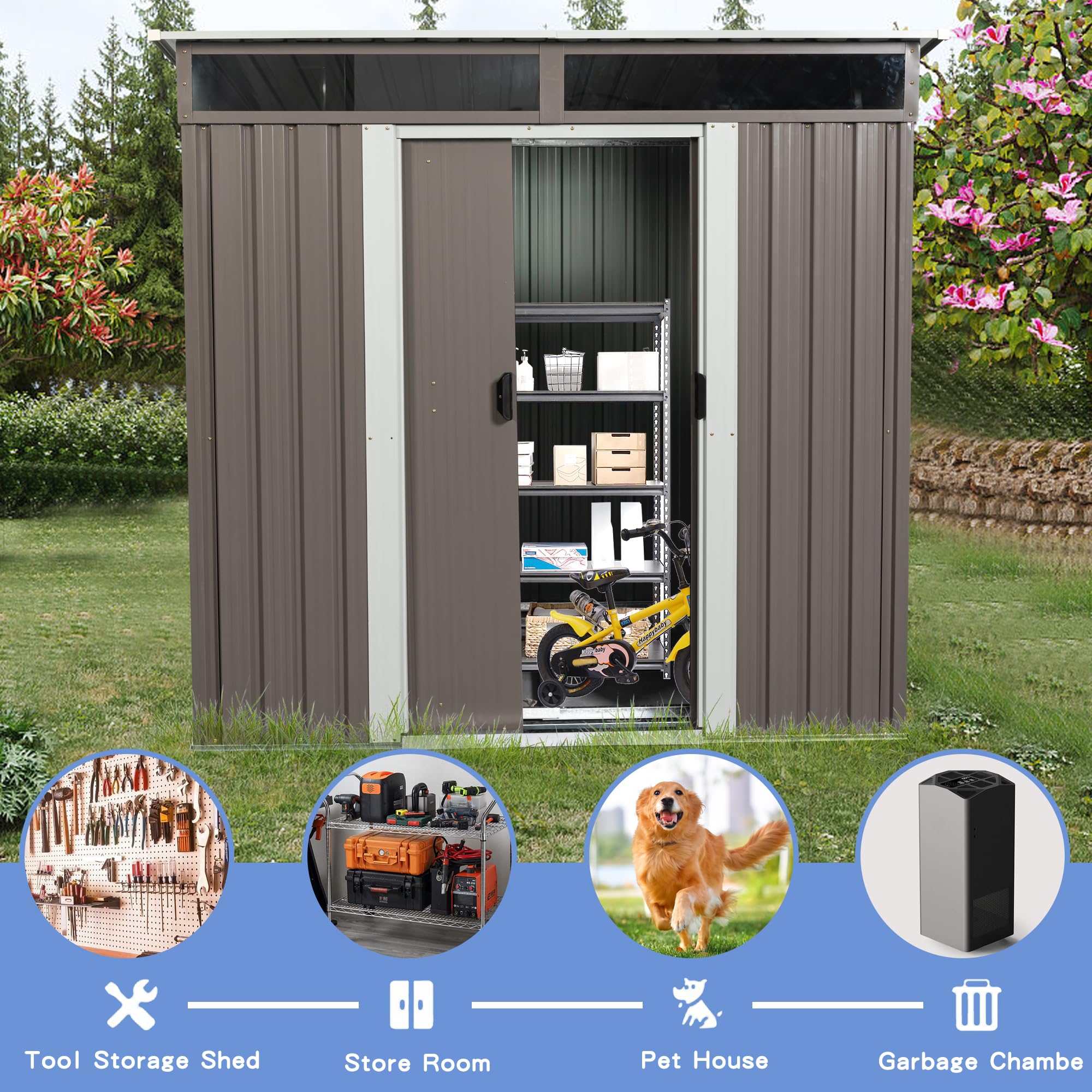 ACQCA 6 x 5 FT Outdoor Storage Shed with Punched Vents,Heavy Duty Metal Shed w/Sliding Doors & Padlock,Large Waterproof Tool Sheds for Garden,Backyard,Lawn,Easy Assembly,Grey