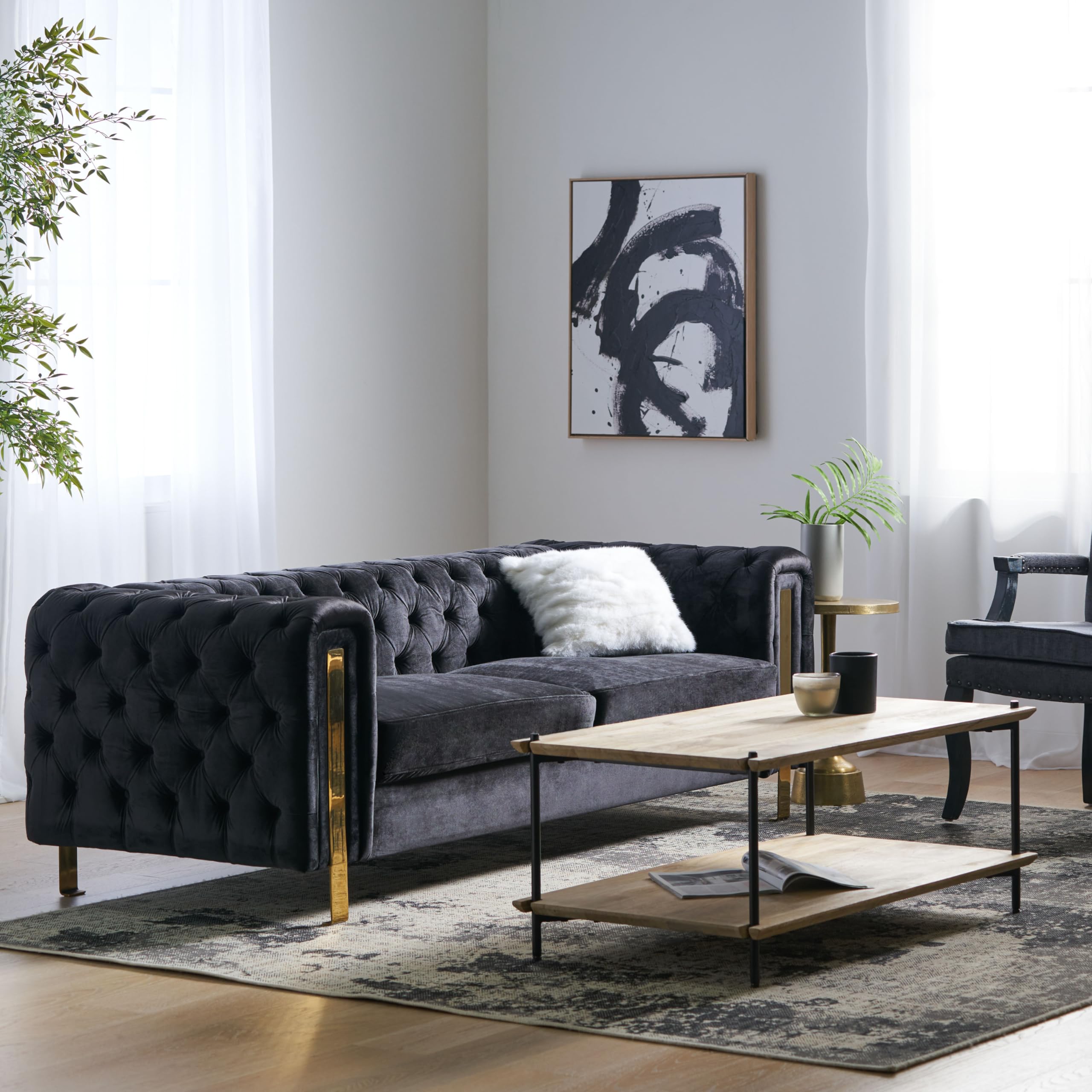 Yoglad Modern Tufted Velvet Sofa, 3-Seater Upholstered Couch with Metal Legs, Mid-Century Modern Velvet Accent Furniture for Living Room, Bedroom, or Apartment (83.75'' Black)