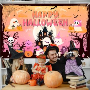 Lecheme Happy Halloween Backdrop Orange Pink Halloween Backdrop for Kids Cute Ghost Pumpkin Spooky Castle Halloween Banner Halloween Photo Booth Background