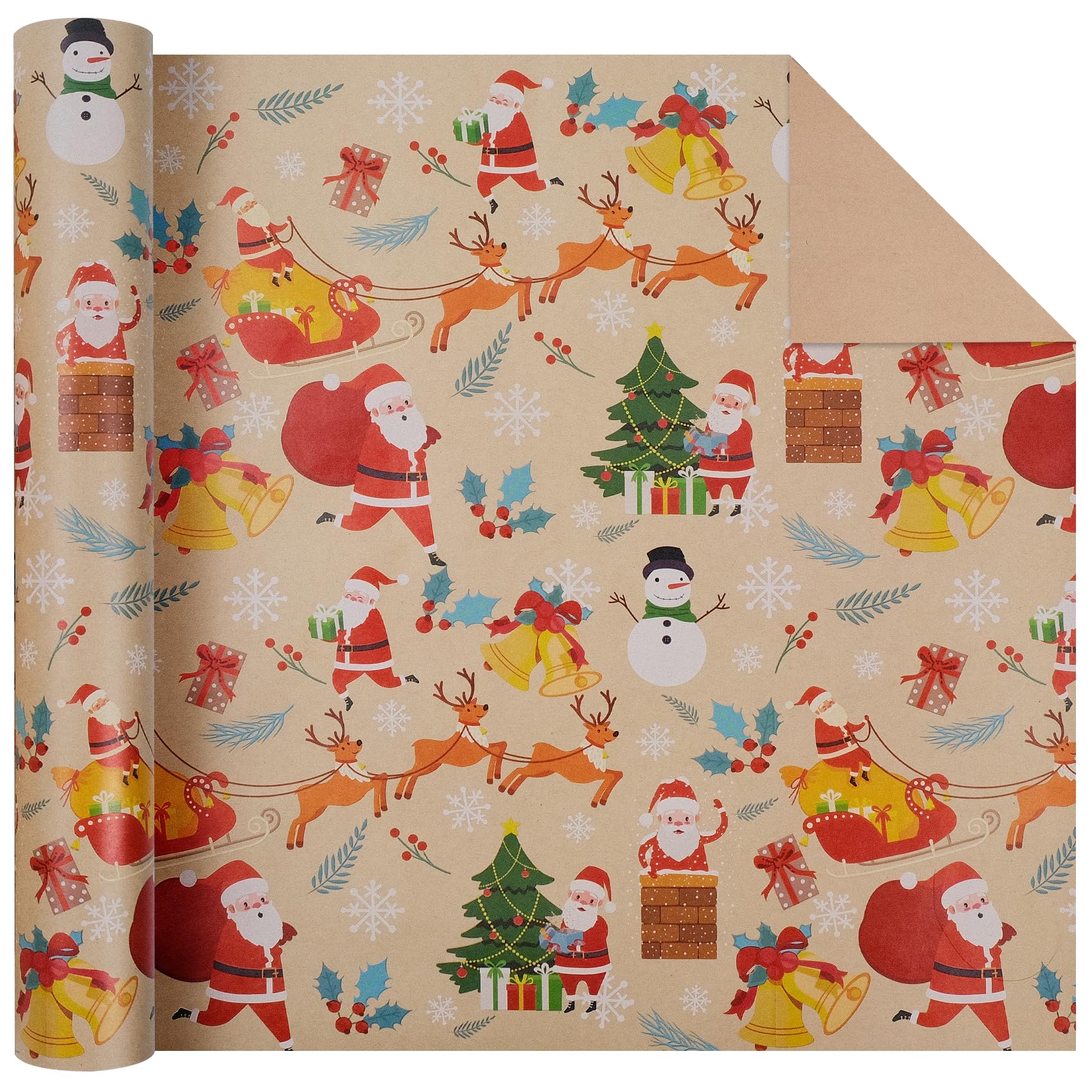 Aimyoo Santa Kraft Christmas Wrapping Paper Jumbo Roll, Reindeer Snowman Xmas Gift Wrap Paper 17 in x 60 ft