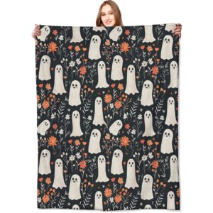 vodrm spooky ghost blanket cute floral autumn flowers throw blankets gifts for kids lightweight soft fleece cozy for sofa couch bed room travel birthday halloween decor 50x60in