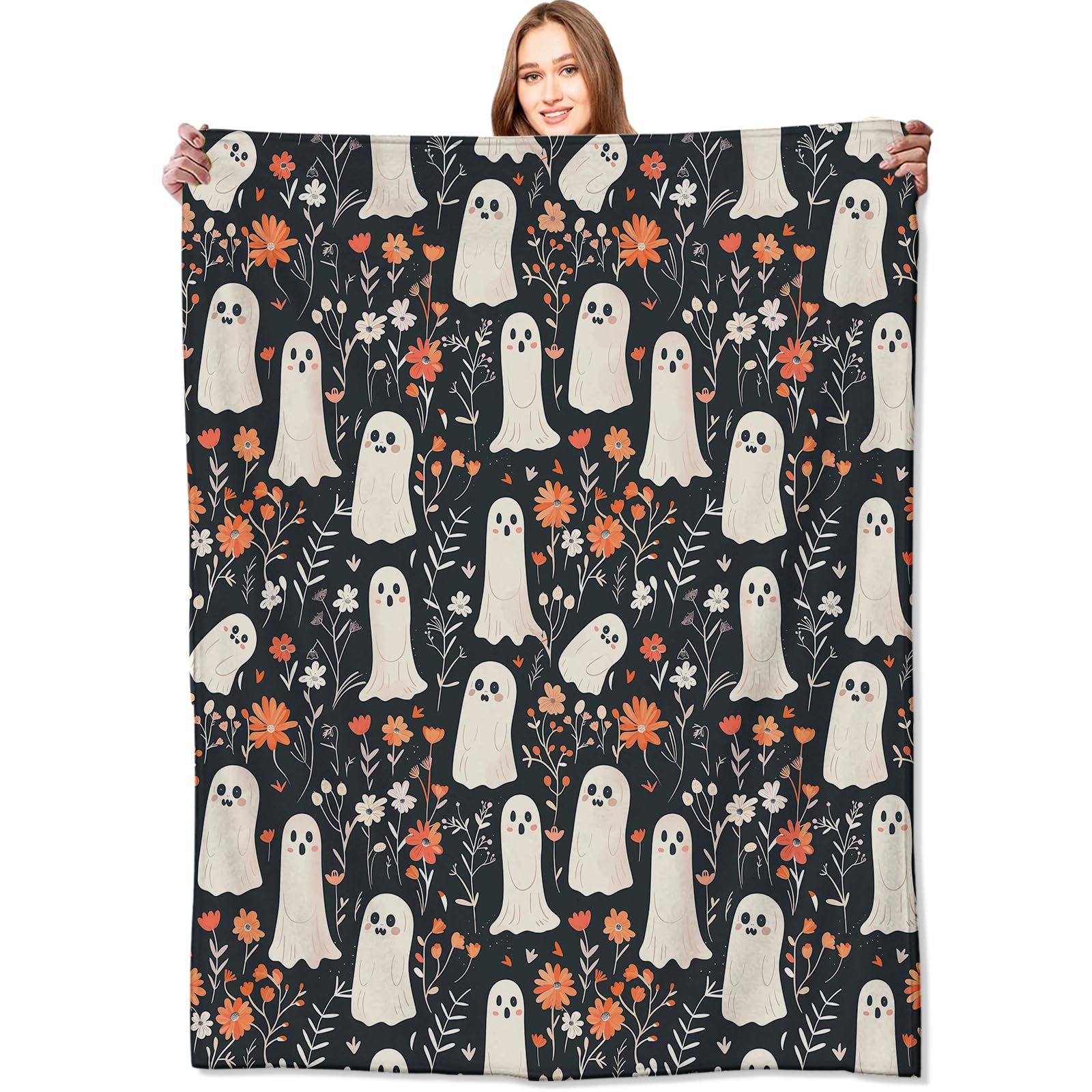 VODRM Spooky Ghost Blanket Cute Floral Autumn Flowers Throw Blankets Gifts for Kids Lightweight Soft Fleece Cozy for Sofa Couch Bed Room Travel Birthday Halloween Decor 50x60in