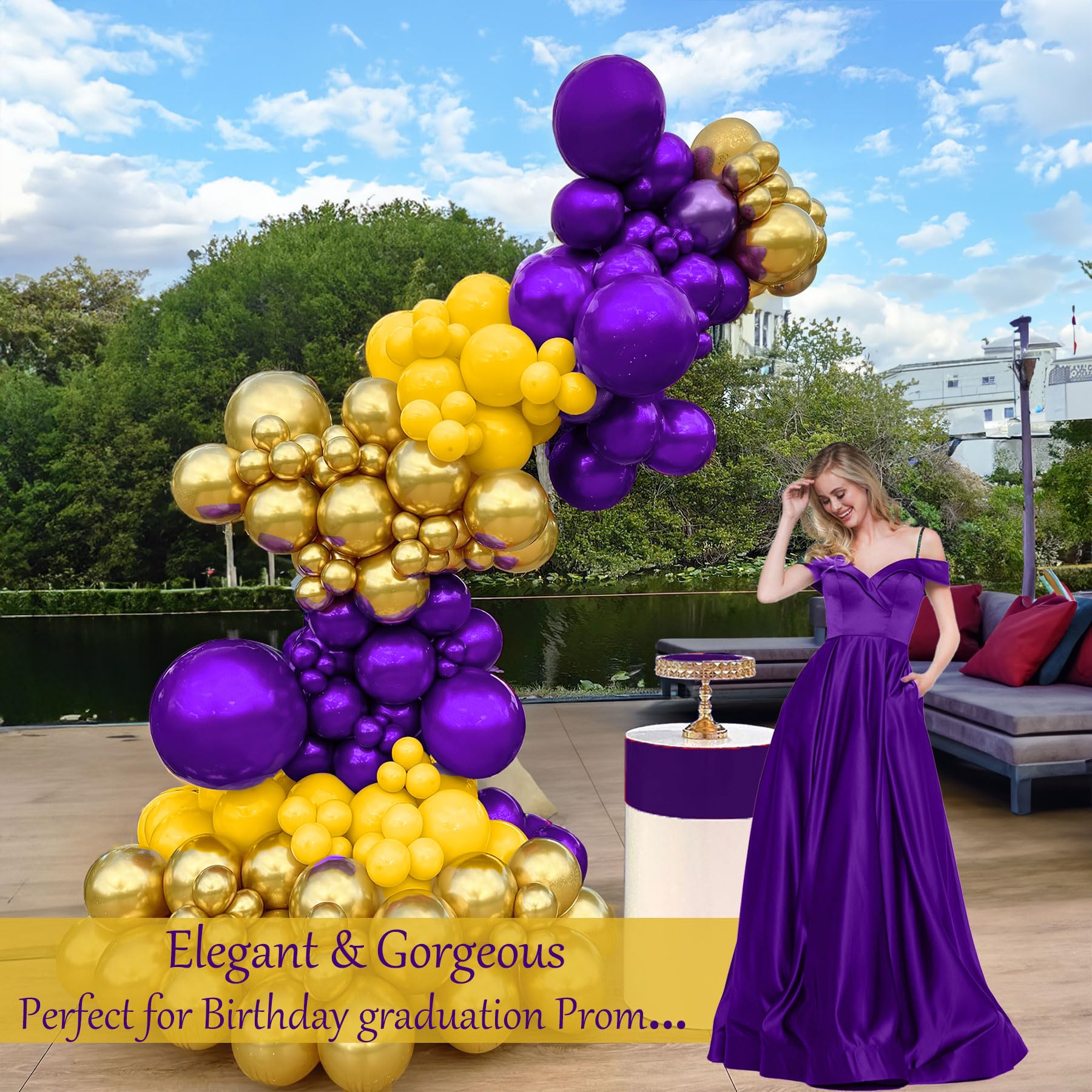 Royal Purple and Gold Balloon Garland Arch Kit 132Pcs with lemon Yellow balloons for Halloween Birthday Graduation Prom Basketball Sport Theme Party Decorations