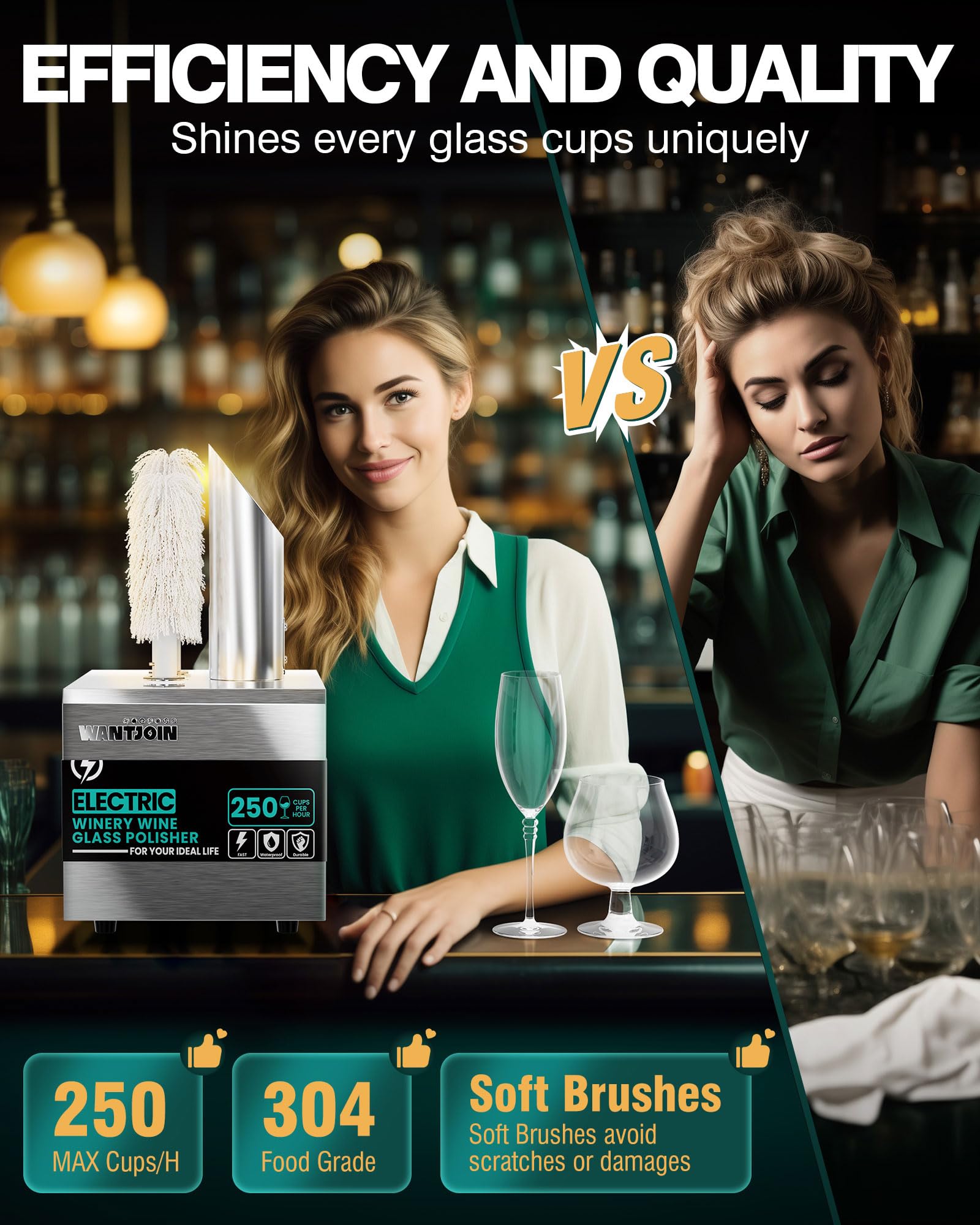 WantJoin Wine Glass Polisher Machine - 2 Brushes 250 Cups/Hour Commercial Electric Automatic Dryer with 304 Stainless Steel, 100% Cotton, 1150W High Power, 140°F Air Drying for Bar Restaurant Kitchen