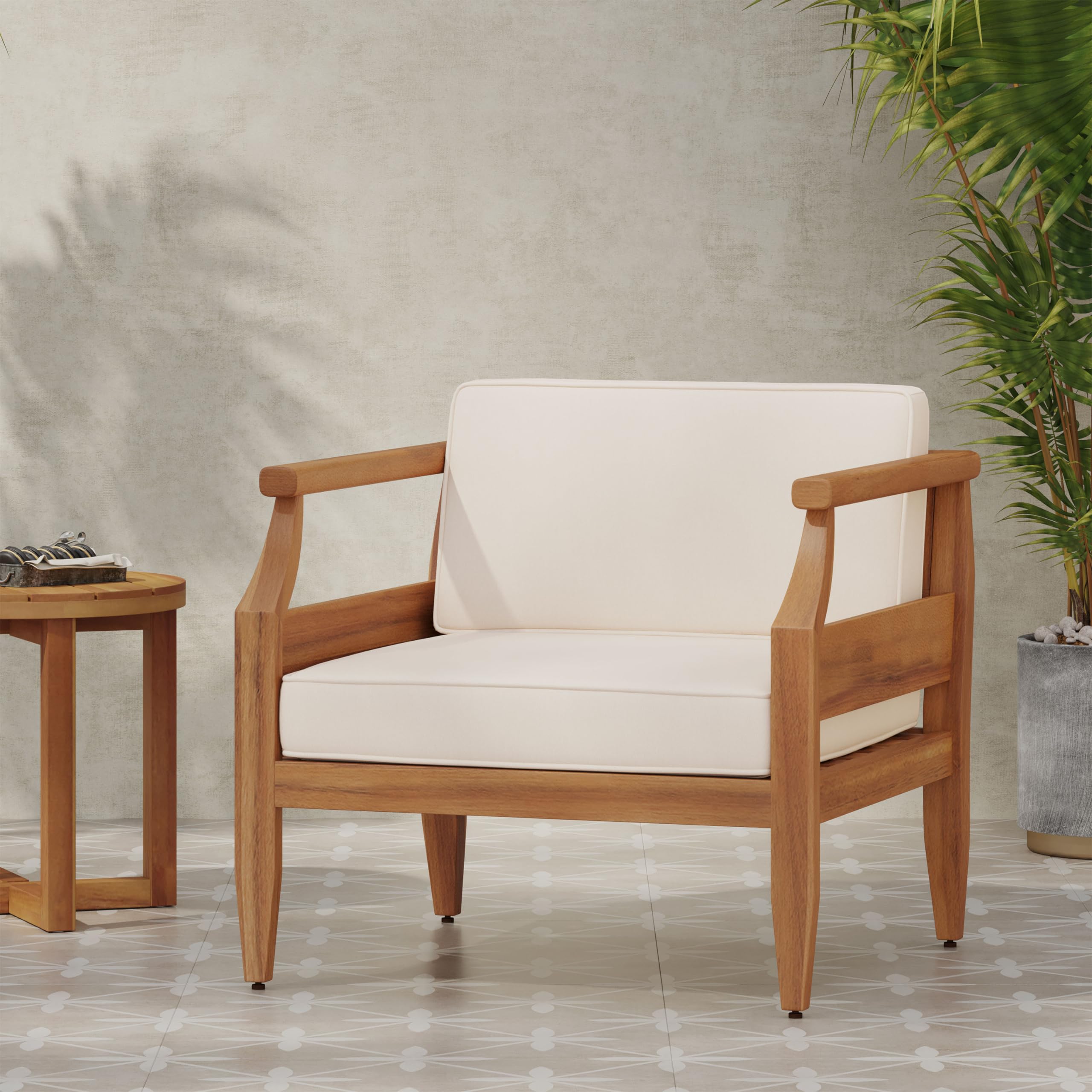 Christopher Knight Home Anton Outdoor Club Chairs with Cushions-Acacia Wood-Teak/Cream, 30 "W x 29.25 "D x 26.5 "H