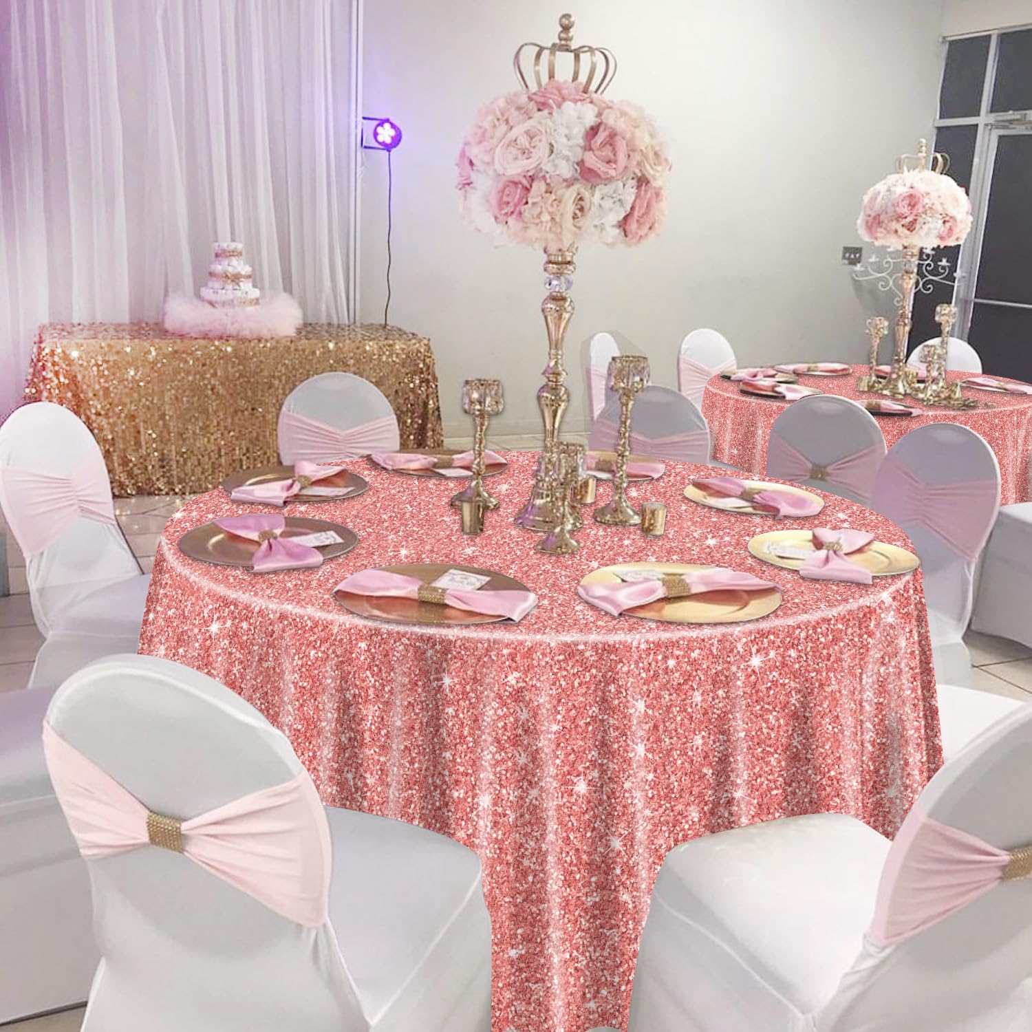 3 Pack Pink Rose Gold Tablecloths for Round Table, 84x84'' Rose Gold Sequin Printed Plastic Round Table Cover, Rose Gold Glitter Party Decorations for Girls Birthday Wedding Graduation Princess Party