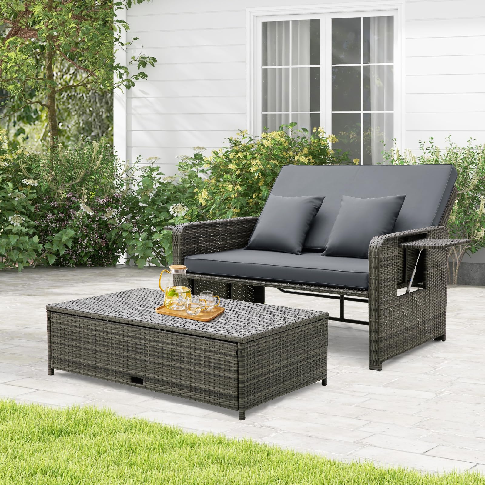 RELAX4LIFE Wicker Patio Outdoor Daybed - Rattan Day Bed Lounger with Loveseat & Storage Ottoman, Sunbed Sofa Set w/Cushions, 4-Level Adjustable Backrest & 2 Retractable Trays, Patio Daybed (Grey)