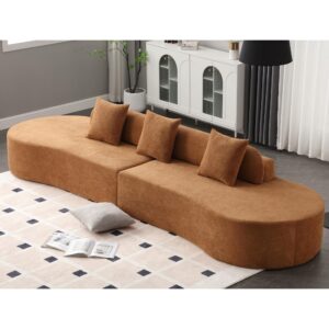 modern curved sectional sofa - terrycloth fabric sofa, lounge sofa in living room, apartment, no assembly required, three pillows (brown)