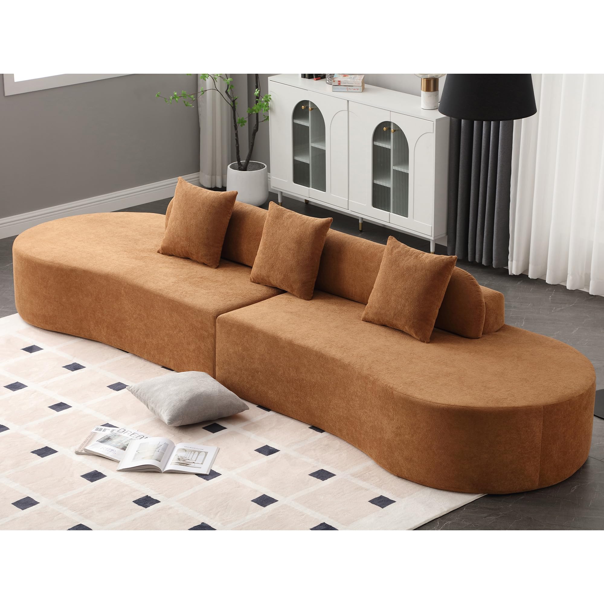 Modern curved sectional sofa - terrycloth fabric sofa, lounge sofa in living room, apartment, no assembly required, three pillows (Brown)