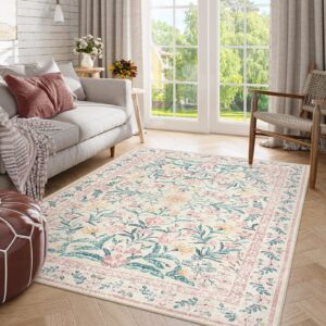 morebes 5x7 rug for living room non slip, washable light pink rugs for bedroom girls, soft low-pile boho nursery rug indoor floral print throw carpet for bedside,pink&green/multi