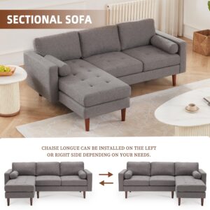 Kingfun 80" W L Shaped Sofa Couch with Reversible Chaise, 3 Seat Couch with Wide Chaise Lounge & Two Pillows, Mid-Century Modern Couch for Living Room, Convertible Sofa with Tufted Seat Cushion, Gray