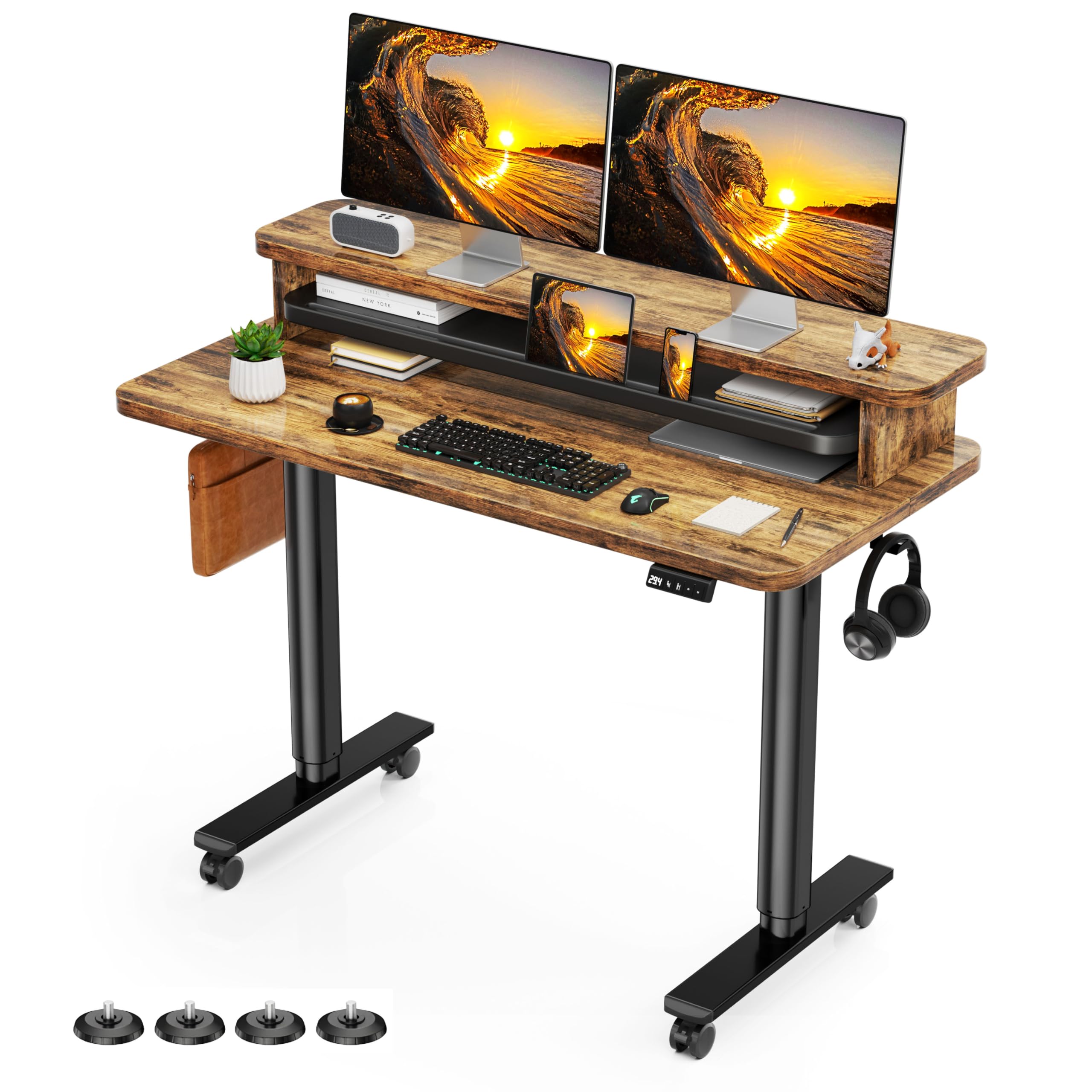 Flycity Electric Standing Desk with Dual Monitor Stand, Height Adjustable Desk Sit Stand Desk with Memory Controller, Casters & 2 Hooks, Low Noise Home Office Desk (Rustic Brown, 48" x 24")