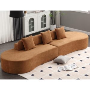 Modern curved sectional sofa - terrycloth fabric sofa, lounge sofa in living room, apartment, no assembly required, three pillows (Brown)