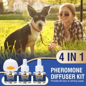 Dog Pheromone Calming Diffuser 4 In 1 Appeasing Pet Pheromones Diffuser to Calm Kit (Plug in+ 3 Pack 48ml Refill) for Anxiety Relief Reduce Barking Aggression Fighting Stress 90 Day Supply(Tasteless)