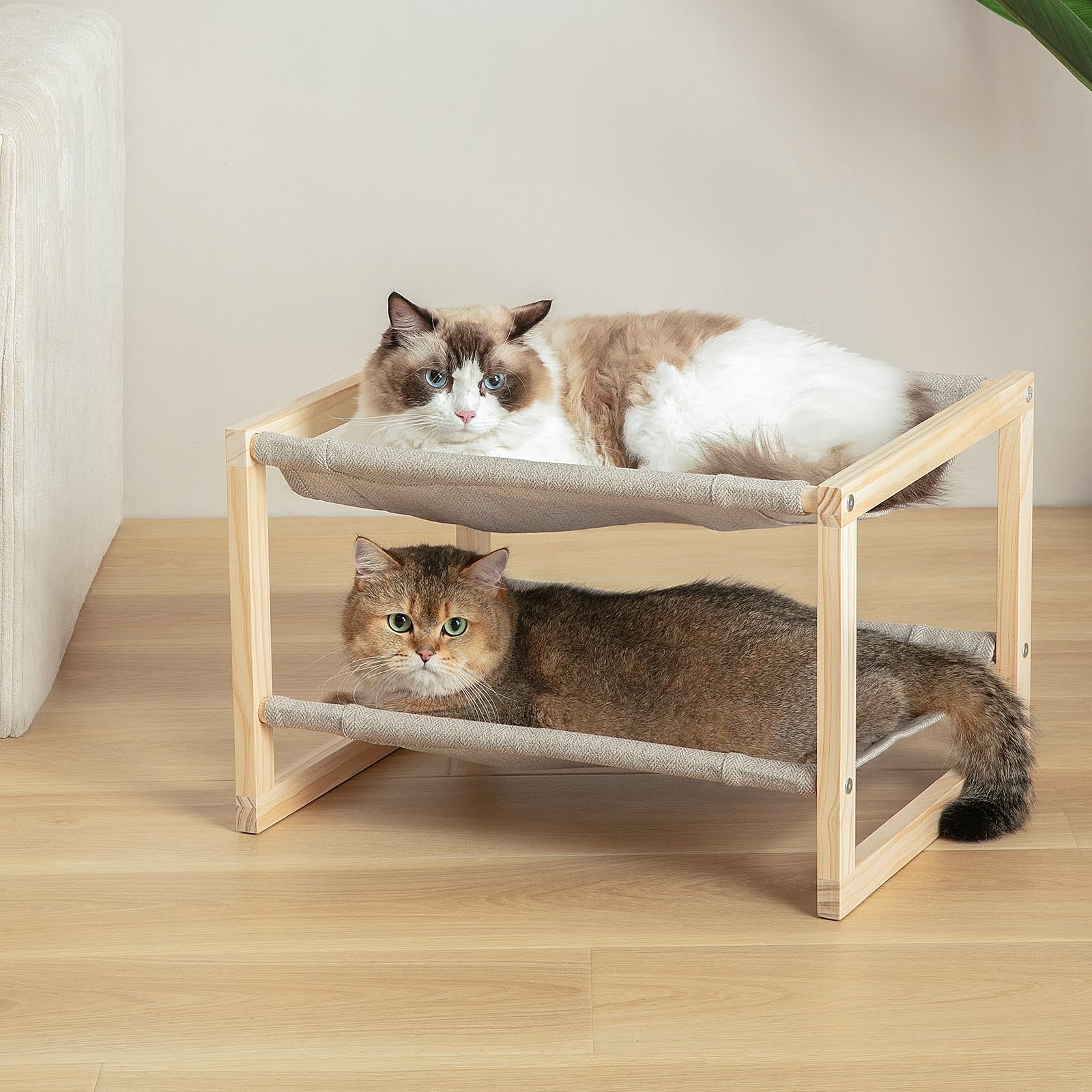 Large Cat Hammock Cat Beds for Indoor Cats, Double Wooden Cat Bed, Elevated Cat Bed with Two Breathable Washable Covers, 20 x 16.5 x 13 Inch Cat Beds & Furniture