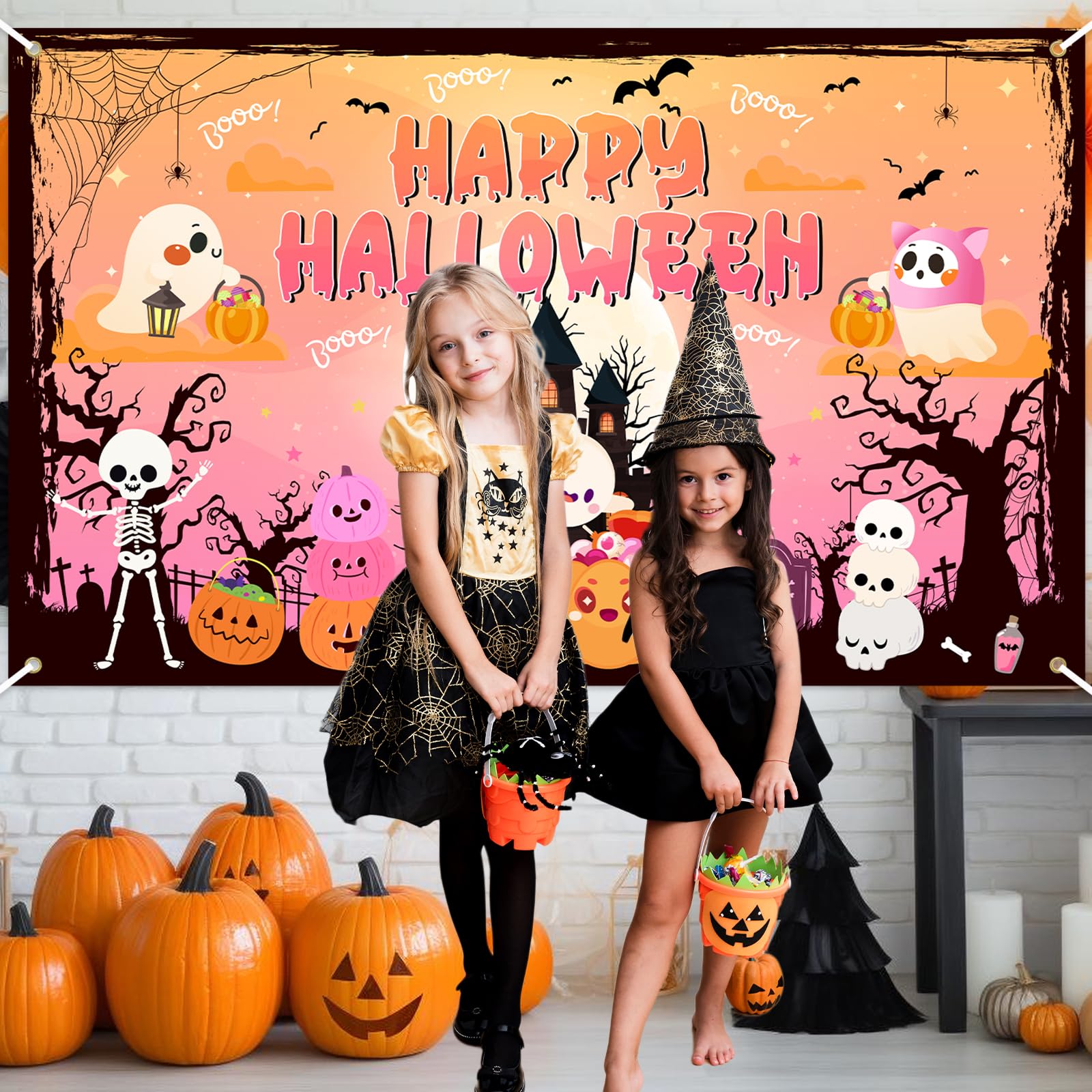 Lecheme Happy Halloween Backdrop Orange Pink Halloween Backdrop for Kids Cute Ghost Pumpkin Spooky Castle Halloween Banner Halloween Photo Booth Background