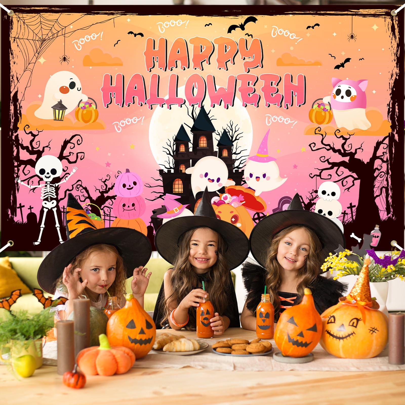 Lecheme Happy Halloween Backdrop Orange Pink Halloween Backdrop for Kids Cute Ghost Pumpkin Spooky Castle Halloween Banner Halloween Photo Booth Background