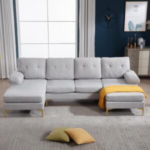 rxrrxy modern 106'' u shaped sectional couch, oversized 4 seater sofa with double chaise, sleeper sofa with chenille fabric and sturdy metal legs for bedroom, living room, apartment (gray)