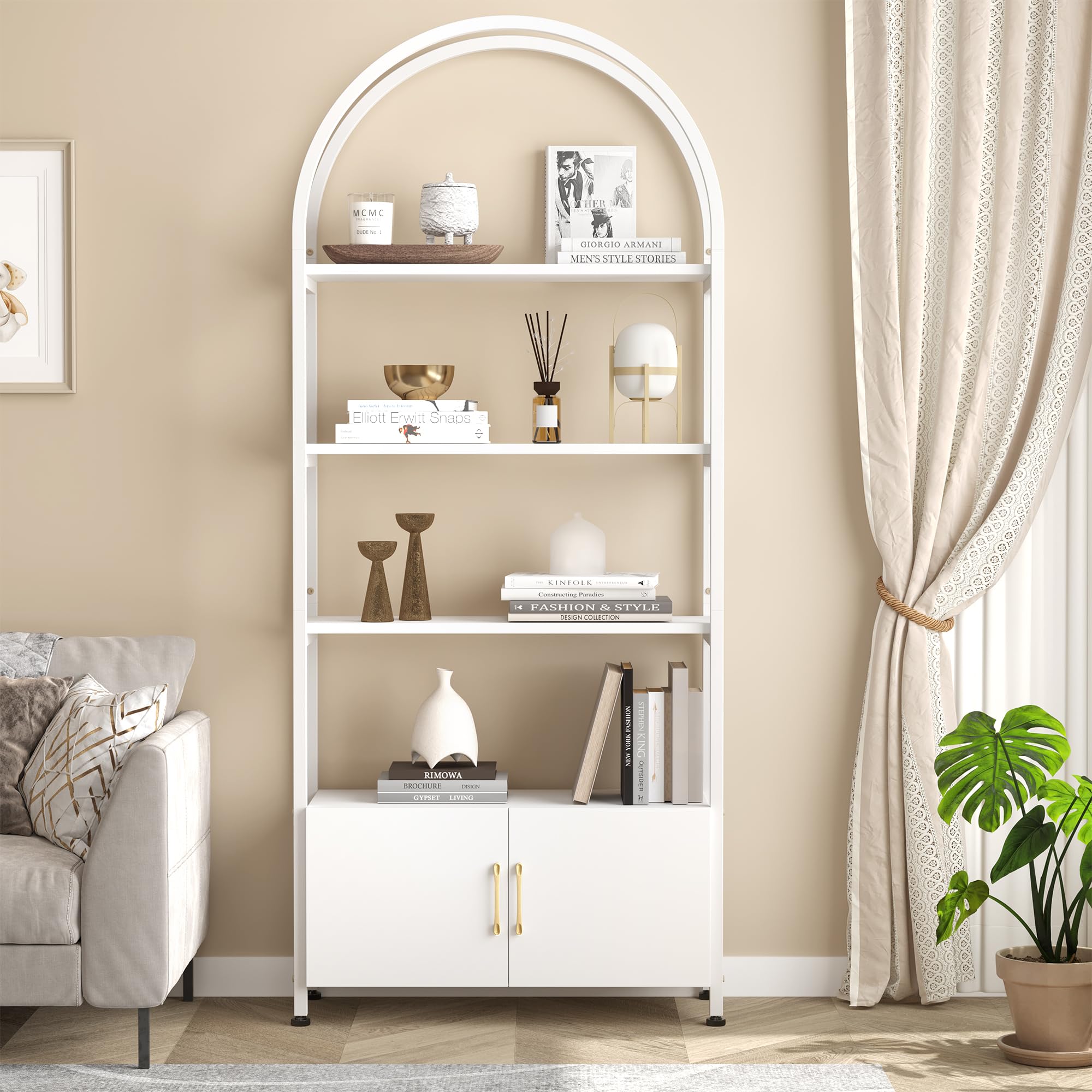 71.5" Tall Arched Bookshelf, 4-Tier Arched Bookcase with Doors Storage, Industrial Book Shelf with Sturdy Metal Frame and Shelves, Accent Cabinet with Storage for Living Room, Home Office, White