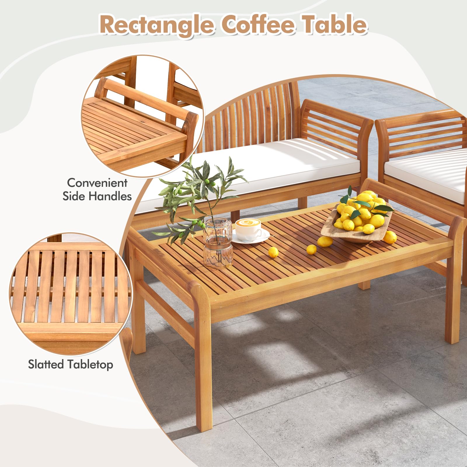 Tangkula 5 Piece Patio Furniture Set, Acacia Wood Conversation Set with 3-Seat Bench, Loveseat, 2 Armchairs & Coffee Table, Cushioned Outdoor Chair Set for Porch, Balcony (Off White)