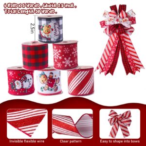 RINOLY Christmas Ribbon Wired 2.5 Inch,6 Roll 30 Yards Christmas Ribbon with Wire-Snowflake/Snowman/Gingerbread Man/Santa/Glitter Stripe/Buffalo Plaid Christmas Ribbon for Wreaths Bow Tree DIY Crafts