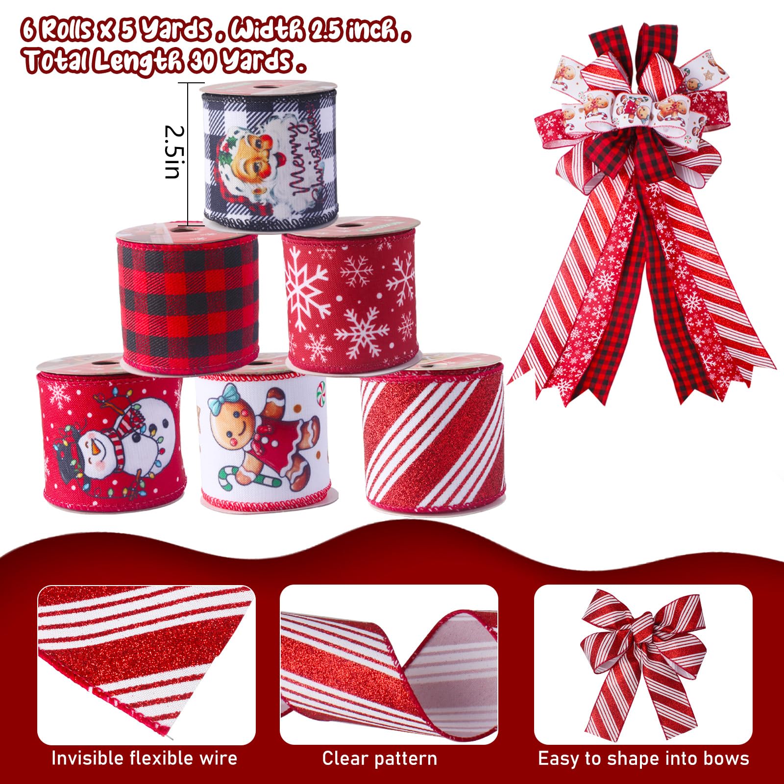 RINOLY Christmas Ribbon Wired 2.5 Inch,6 Roll 30 Yards Christmas Ribbon with Wire-Snowflake/Snowman/Gingerbread Man/Santa/Glitter Stripe/Buffalo Plaid Christmas Ribbon for Wreaths Bow Tree DIY Crafts