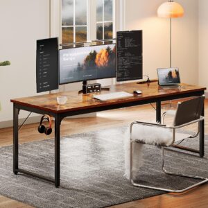 Coleshome 71 Inch Computer Desk with USB Ports, Large Office Desk, Long Study Student Writing Desk, Rustic Brown