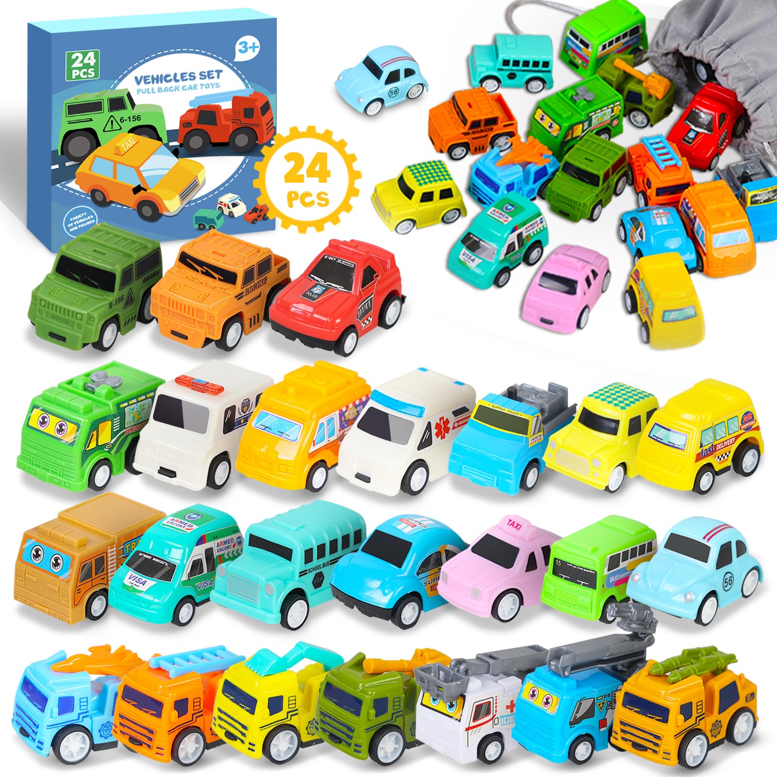 YiHee 24 Pieces Pull Back Cars Toy Vehicles Set, Mini Toys City Cars and Trucks, Variety of Vehicles and Figures, Small Car with Storage Bag, Party Favors Bulk Birthday Gift for Boys Girls Kids