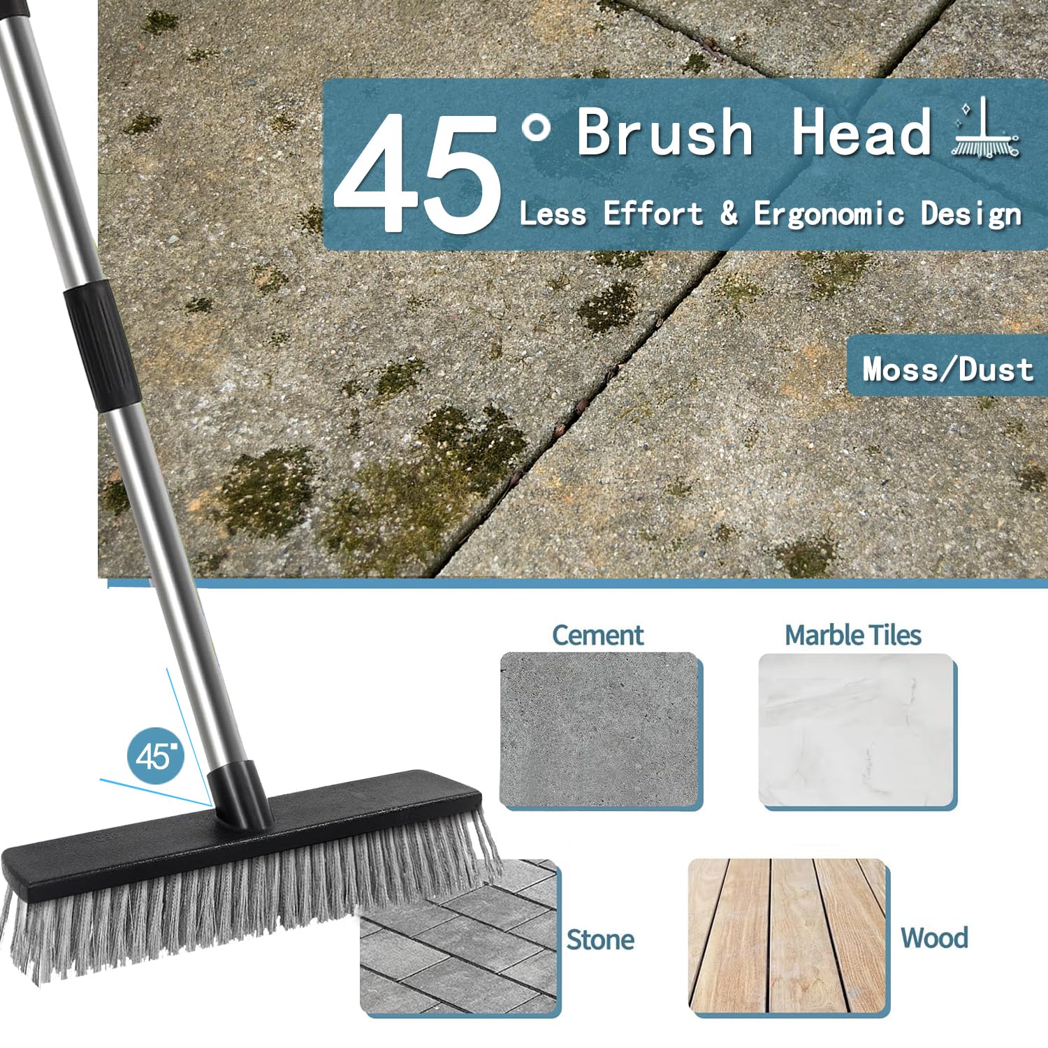 63" Stainless Steel Deck Scrub Brush with Long Handle,Floor Scrubber Brushes,Outdoor Broom Brush for Bathroom, Bathtub, Tub, Tile Floors, Garage and Patio,Swimming Pool (10.6" Bristle brush head)